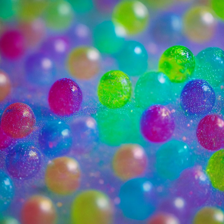 Vibrant colorful translucent water beads close-up shot
