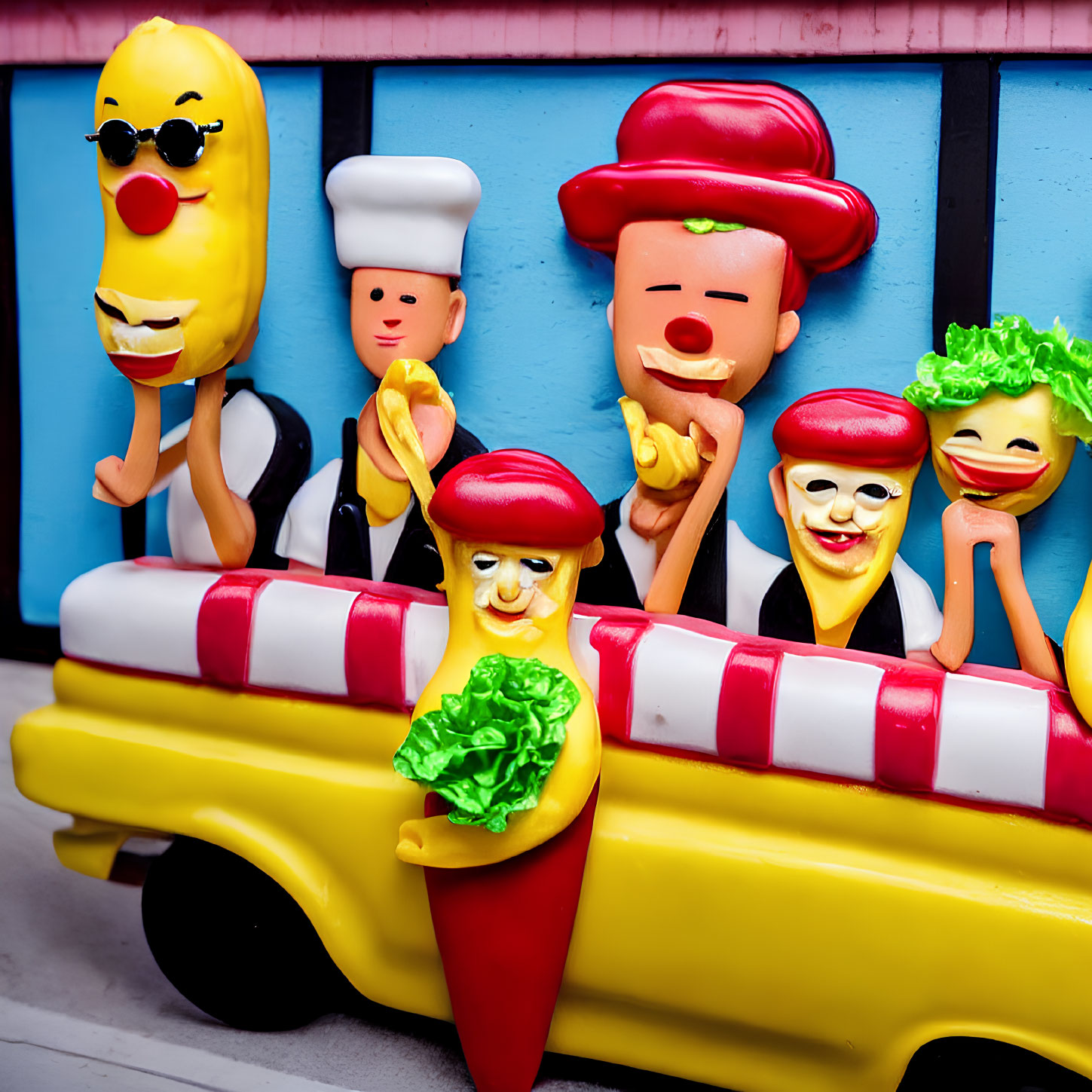 Colorful anthropomorphic fast food figurines in yellow toy car