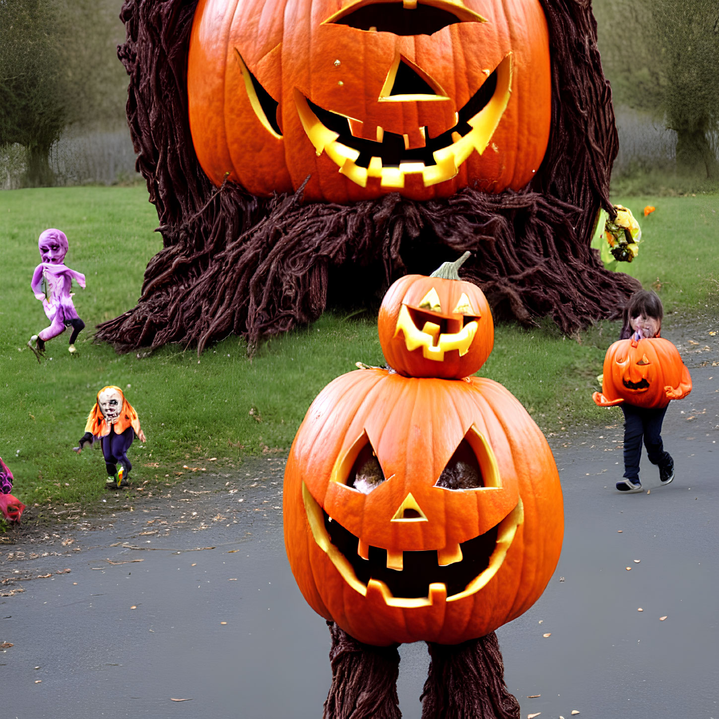 Kids in Halloween costumes with large pumpkin decorations
