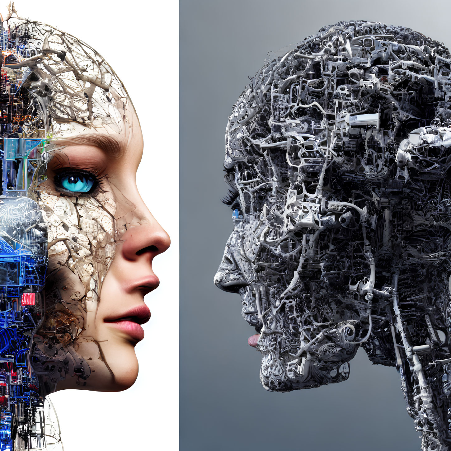 Contrasting profile views: human face vs. mechanical face