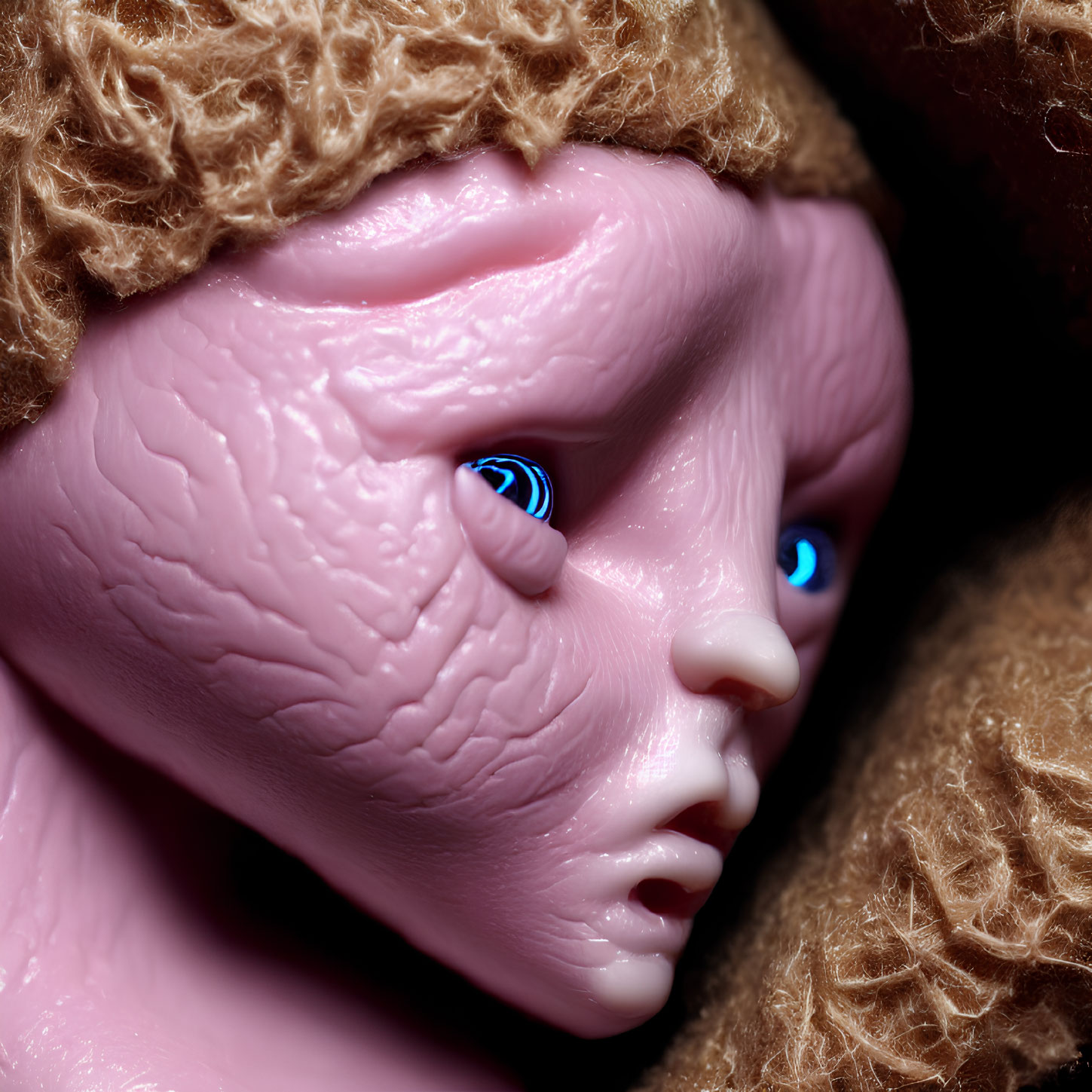Detailed Close-Up of Doll's Textured Skin and Blue Eyes on Brown Fabric
