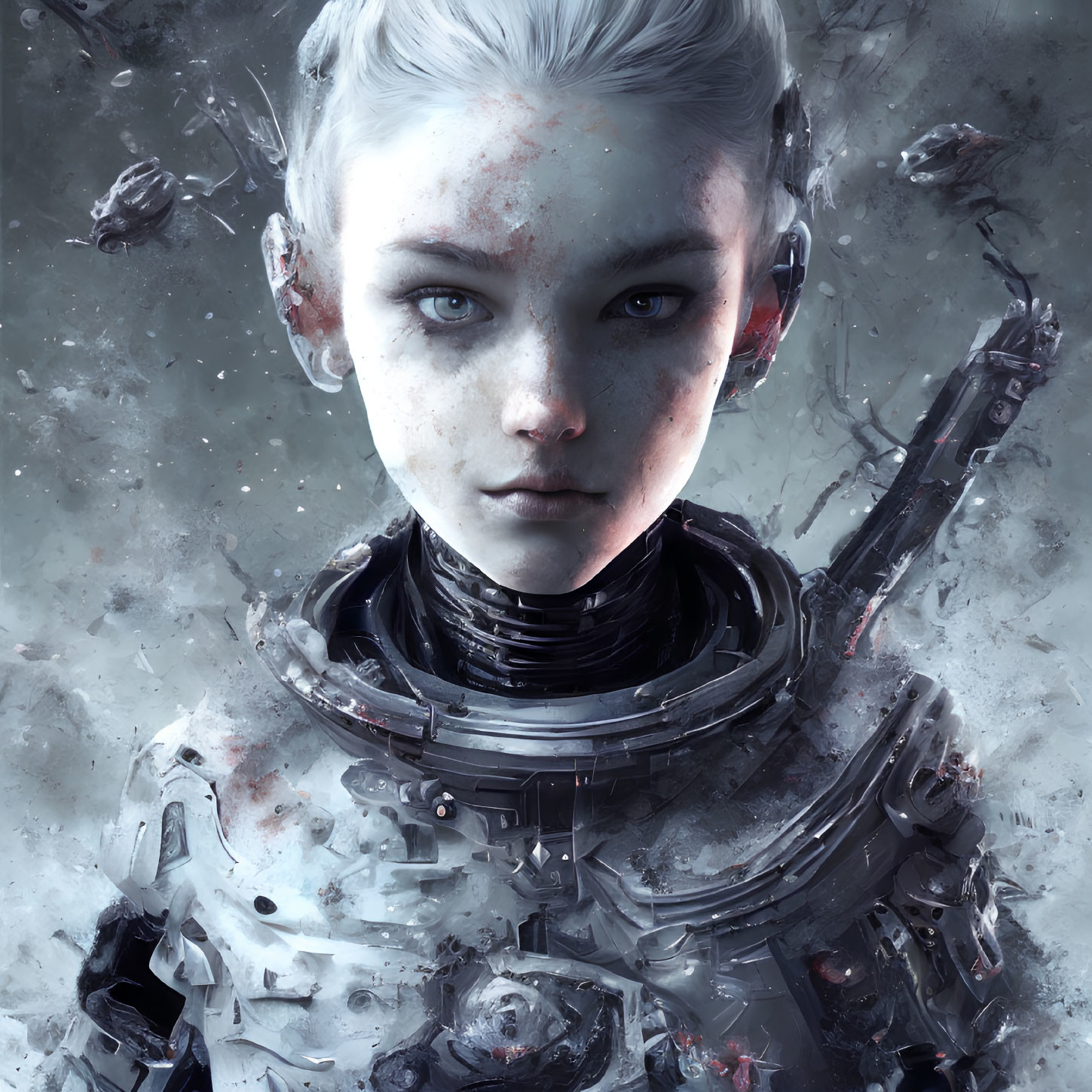 Digital artwork: Young person with blue eyes, white hair, futuristic armor in debris.