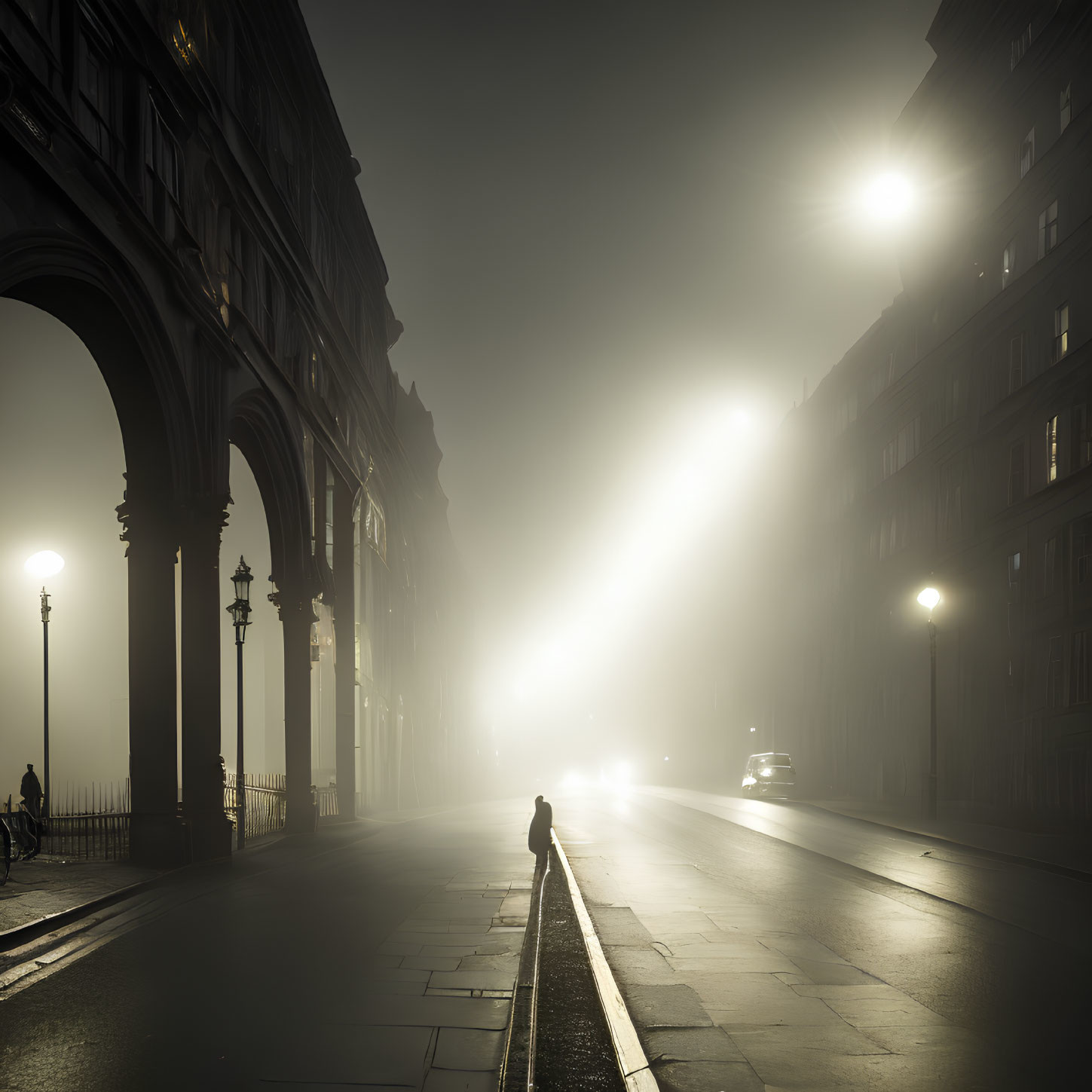 Solitary figure walking on misty city street at night