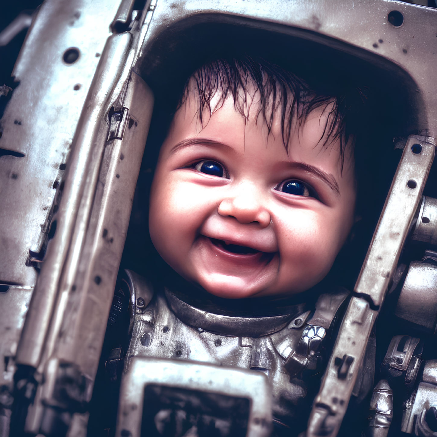 Smiling baby in metallic robotic suit with blue eyes