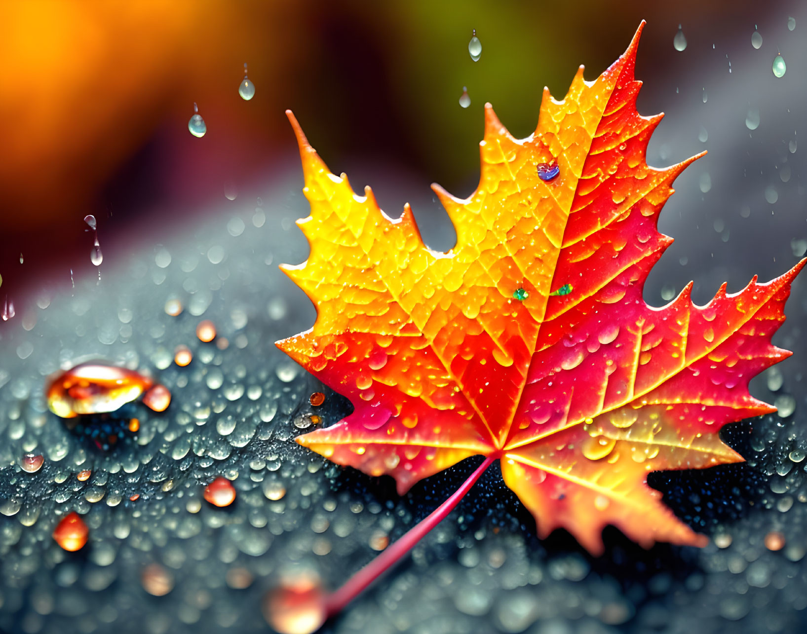 Colorful Autumn Leaf with Water Droplets on Blurred Background