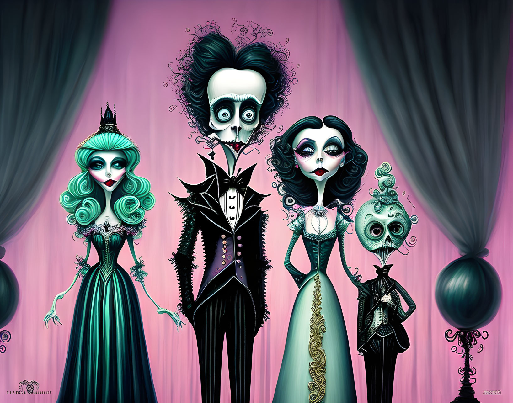 Stylized Gothic characters in Victorian attire on striped background