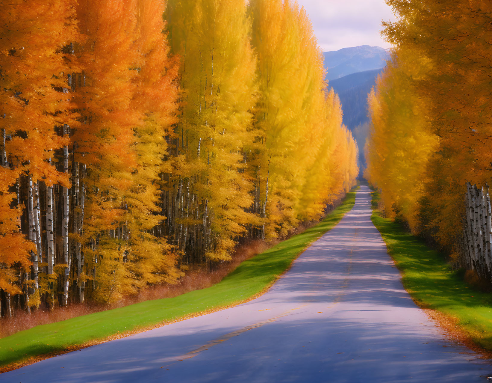 Golden Trees Lining Road in Autumn Landscape with Mountains