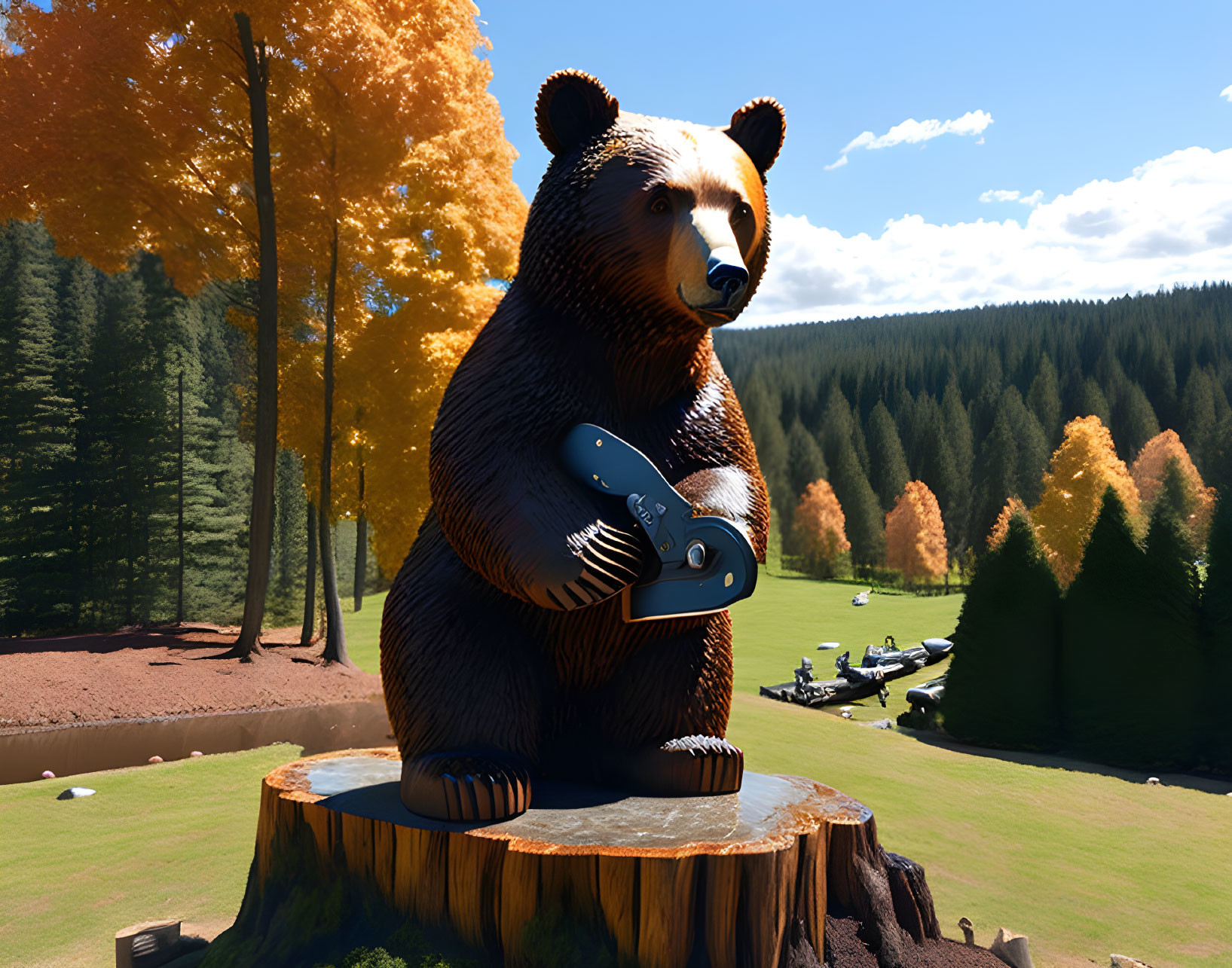 Large bear statue with game controllers in sunny park setting