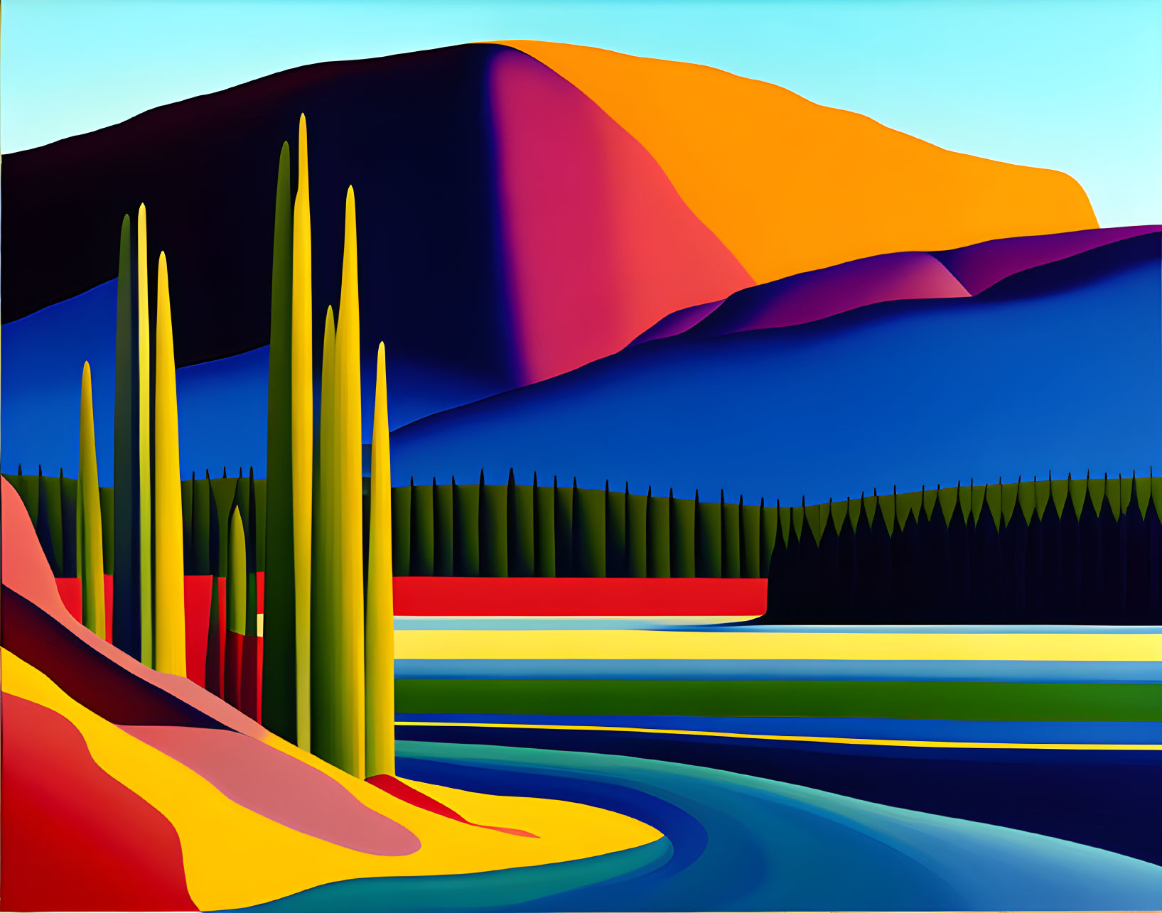 Colorful Geometric Landscape: Serene River, Bold Shapes