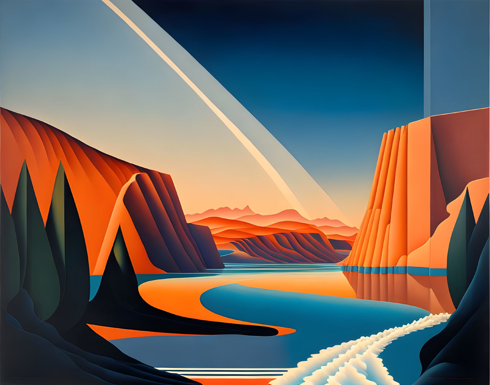 Geometric Landscape in Orange and Blue with Mountains and River