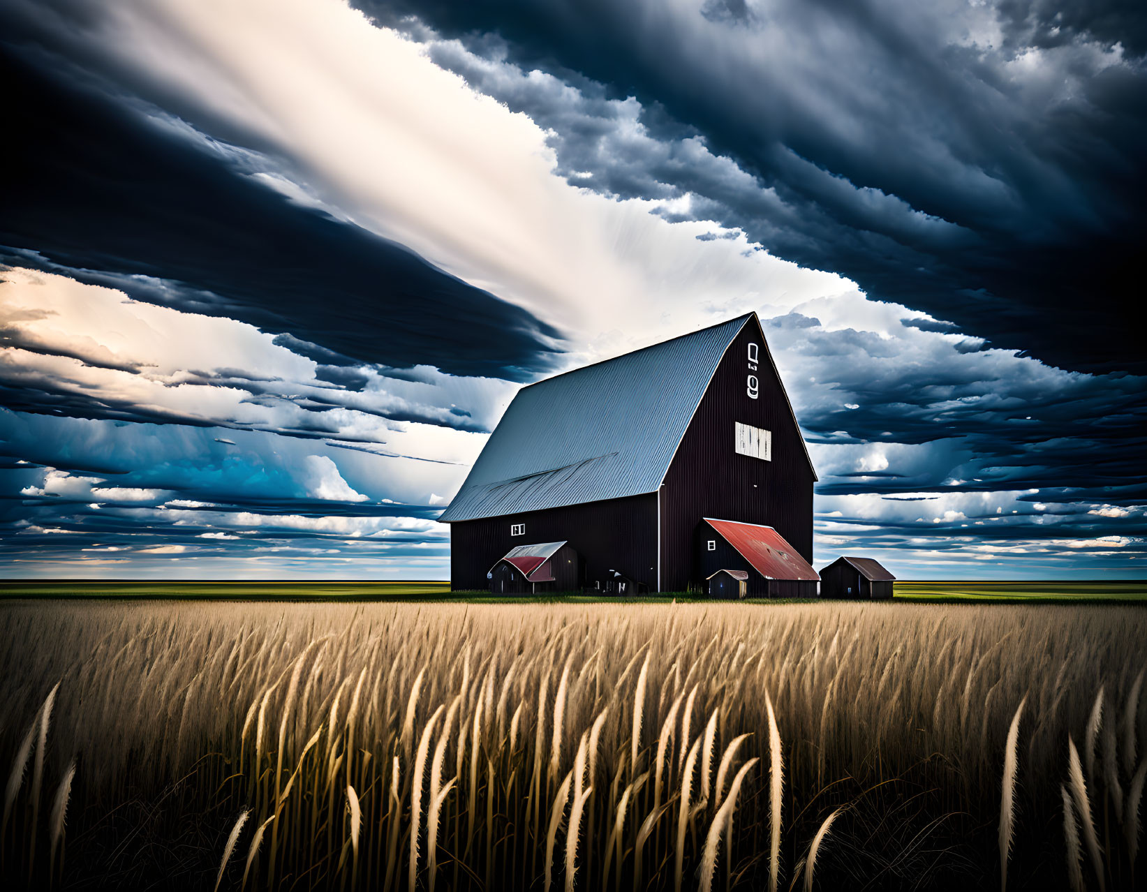 Dark barn under moody sky with golden wheat field