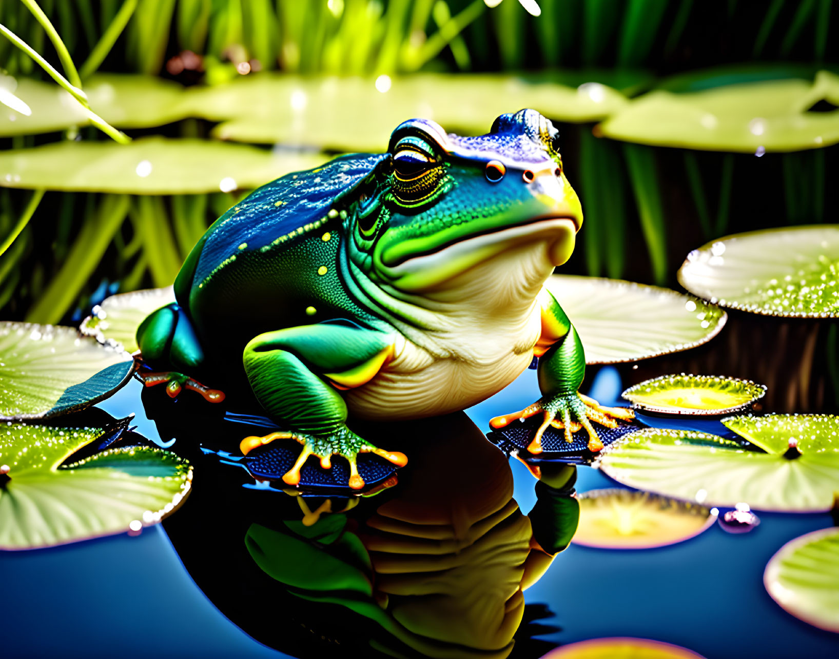 Colorful digital illustration of chunky green frog on lily pad in water