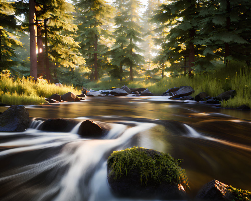Tranquil river in sunlit forest with lush greenery
