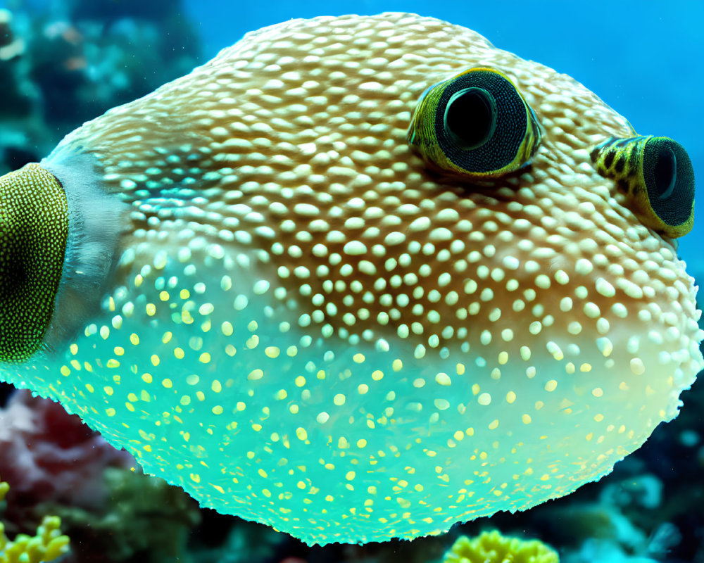 Inflated pufferfish with large eyes among coral reefs