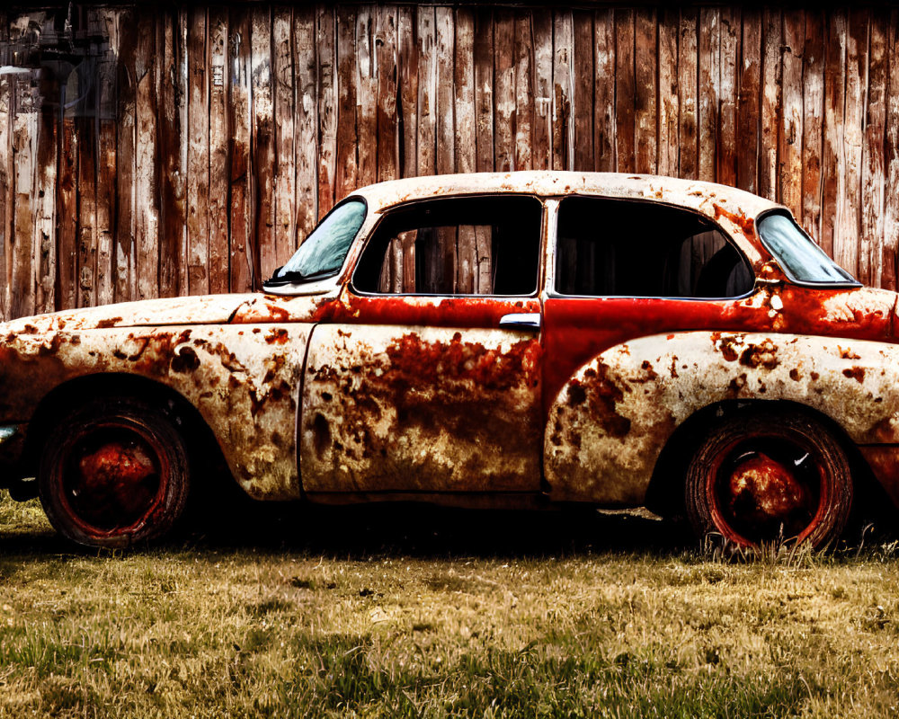 Abandoned rusty car with peeling paint in front of wooden fence