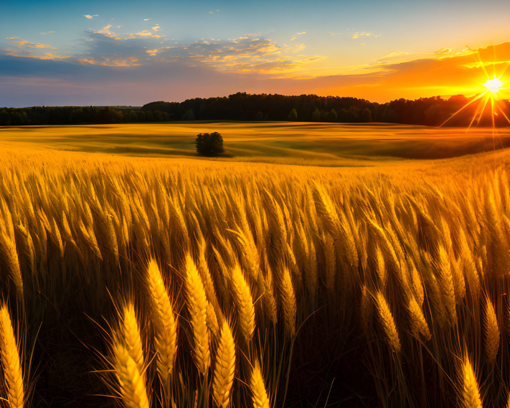 Colorful sunset over golden wheat field with lone tree and sun rays