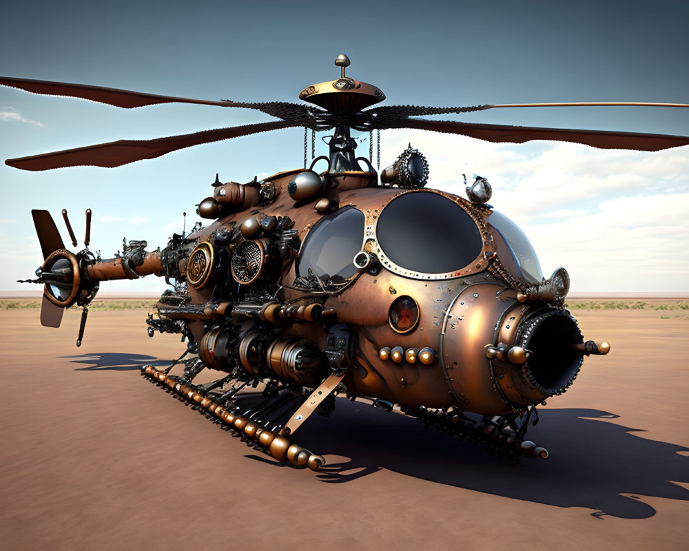 Steampunk-Inspired Helicopter with Metal Plates and Gears on Barren Landscape