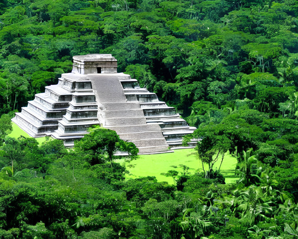 Ancient stepped pyramid in lush green jungle