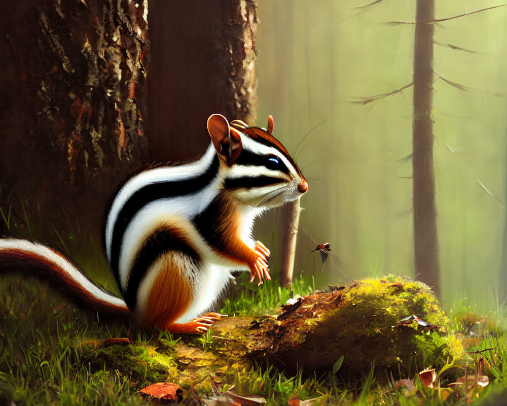 Chipmunk with black and white stripes watching butterfly on mossy rock in forest