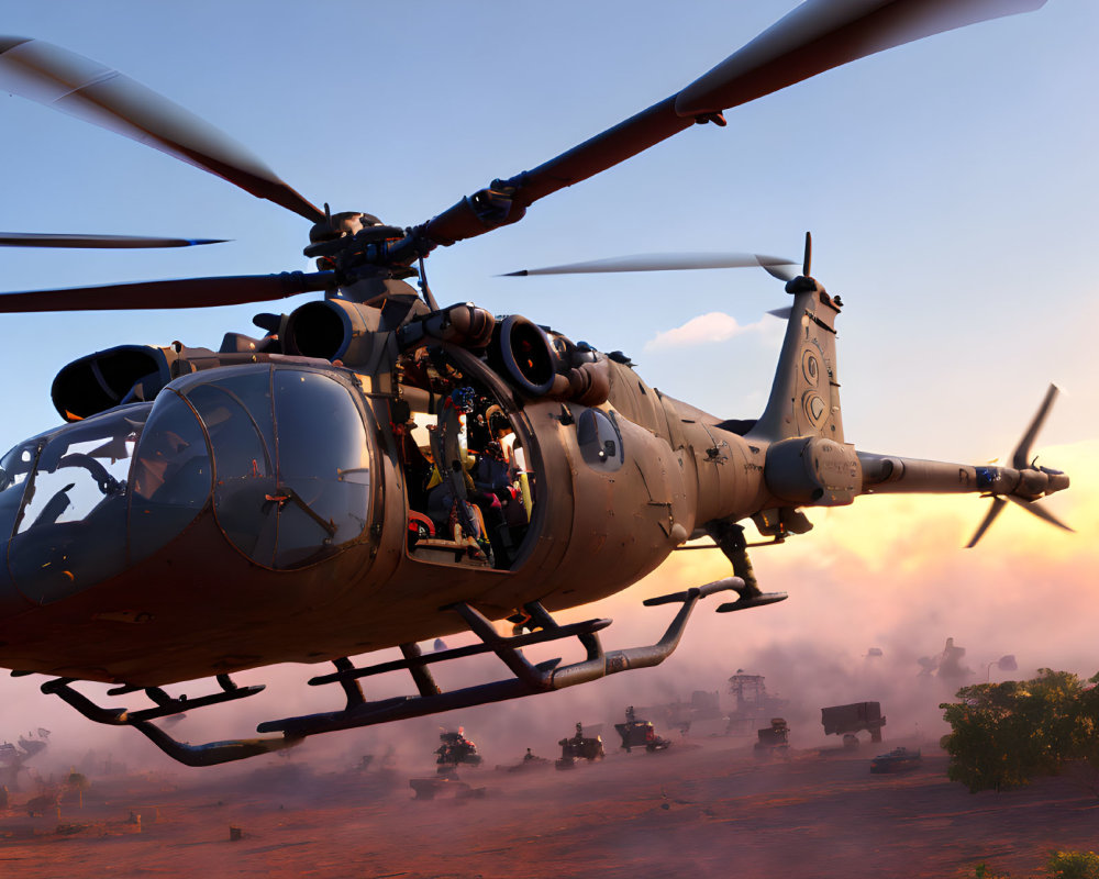 Military Helicopter Flies Over Desert Convoy at Sunset