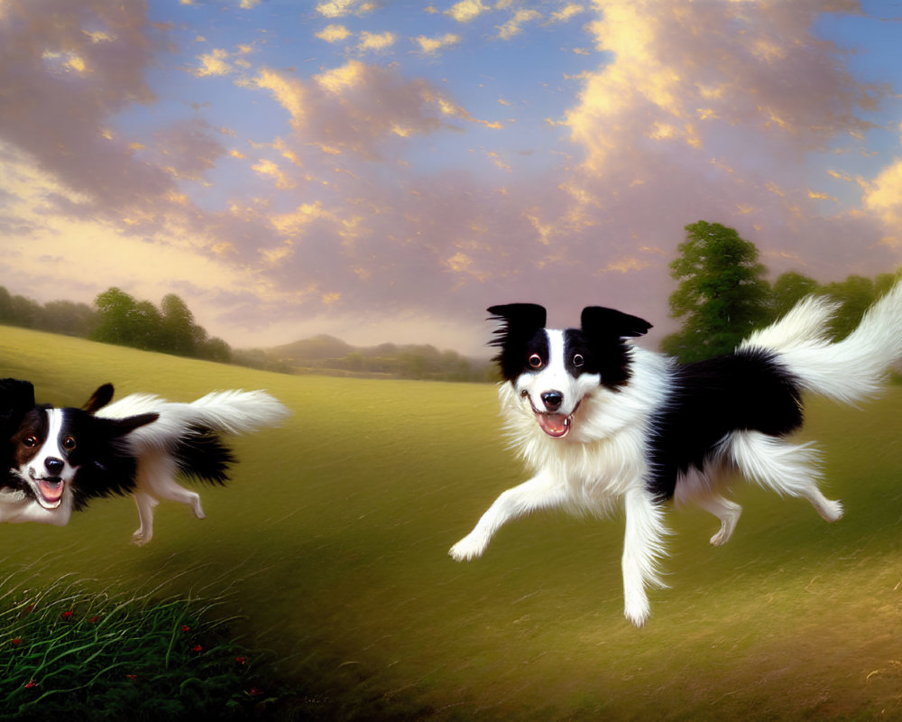 Two border collies running in field at sunset