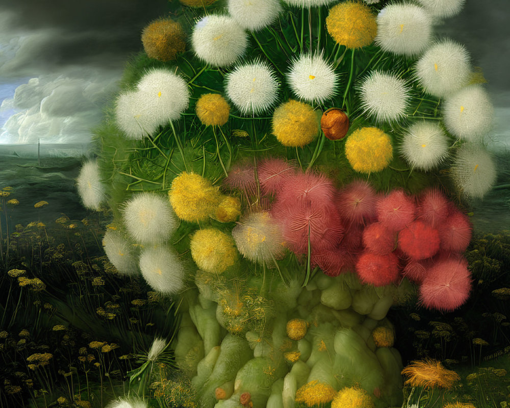 Surreal landscape with fluffy dandelion tree and colorful blossoms under stormy sky