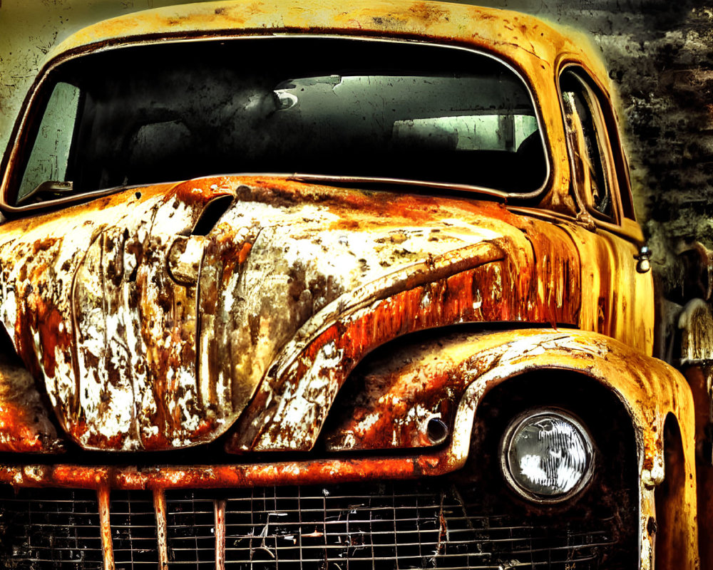 Vintage rusty car with yellowish-brown body and round headlight