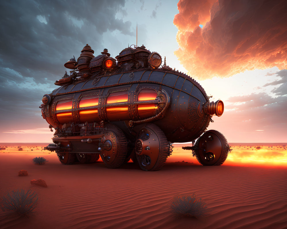 Futuristic vehicle with glowing orange tubes in desert landscape