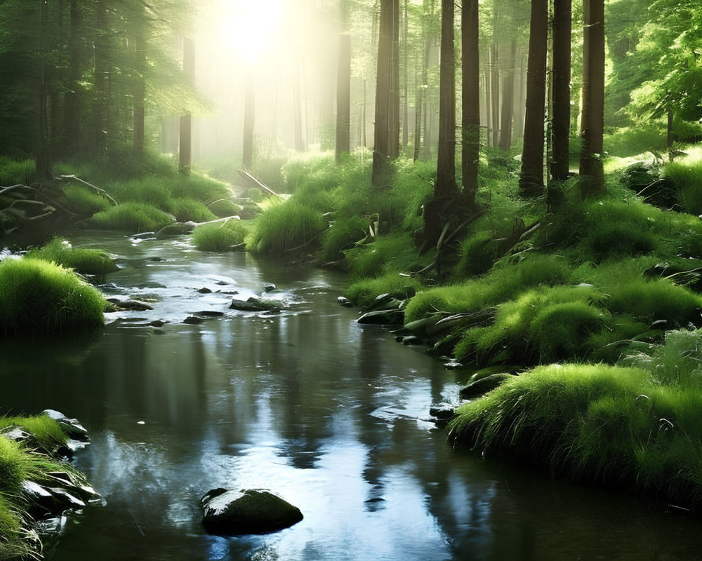 Tranquil forest scene with sunbeams and stream