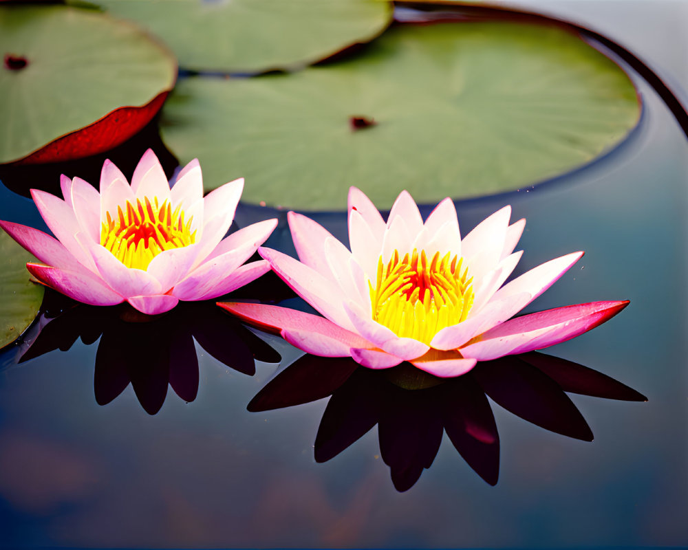Vibrant pink water lilies with yellow centers on calm pond with green lily pads