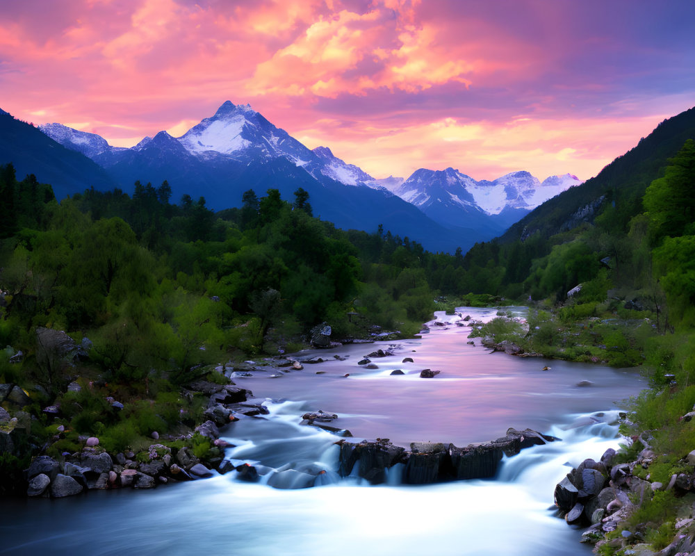 Snow-capped mountains under a pink and purple sunset sky by a serene river