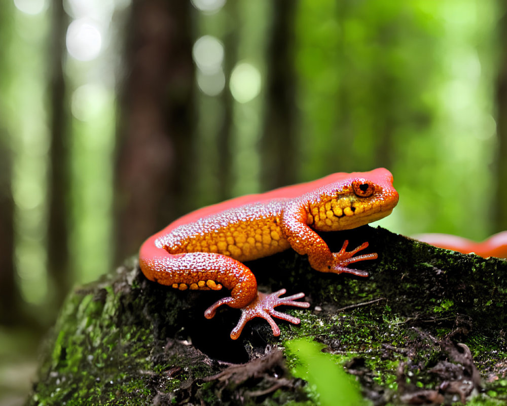 Vibrant orange salamander on mossy log in lush green forest