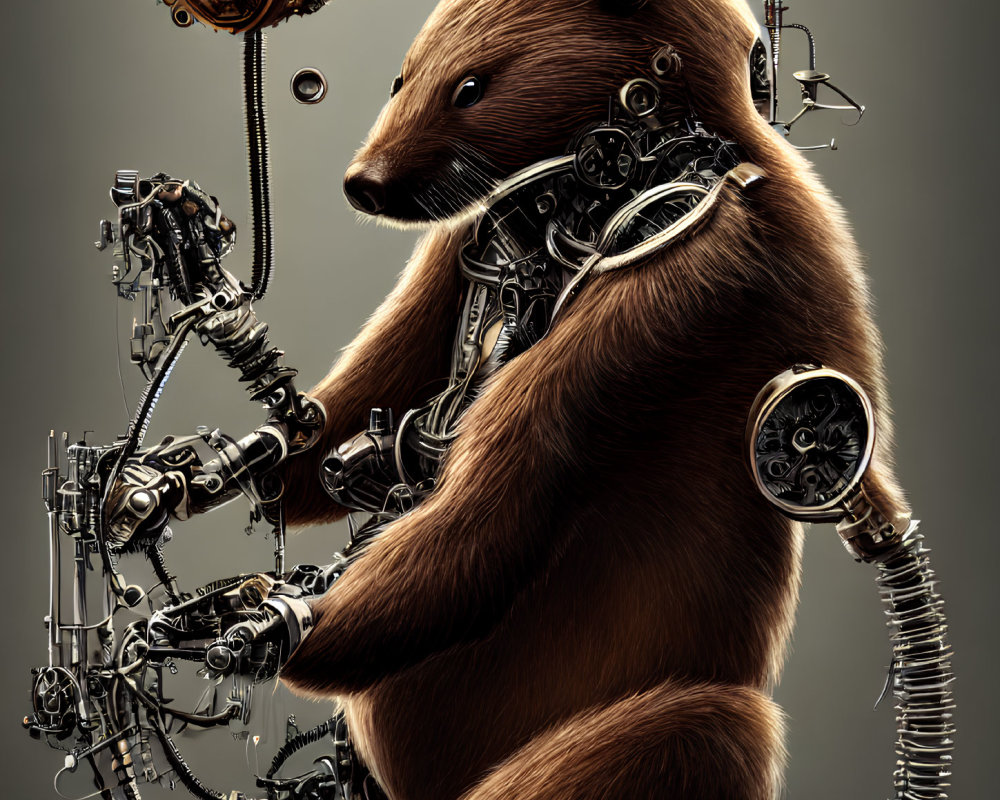 Detailed Steampunk Bear Illustration with Mechanical Parts