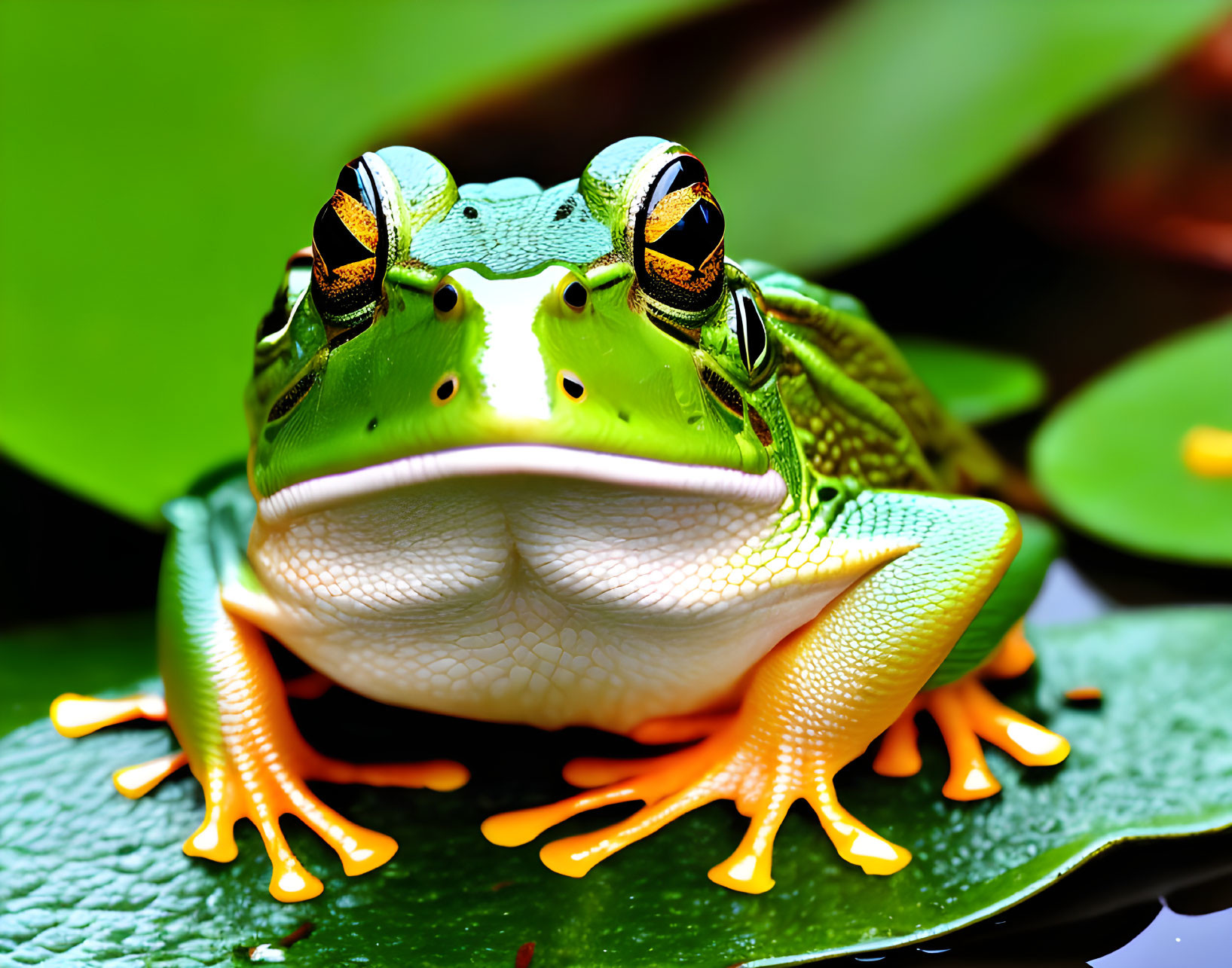 Colorful Green Frog with Yellow-Orange Feet on Leaf