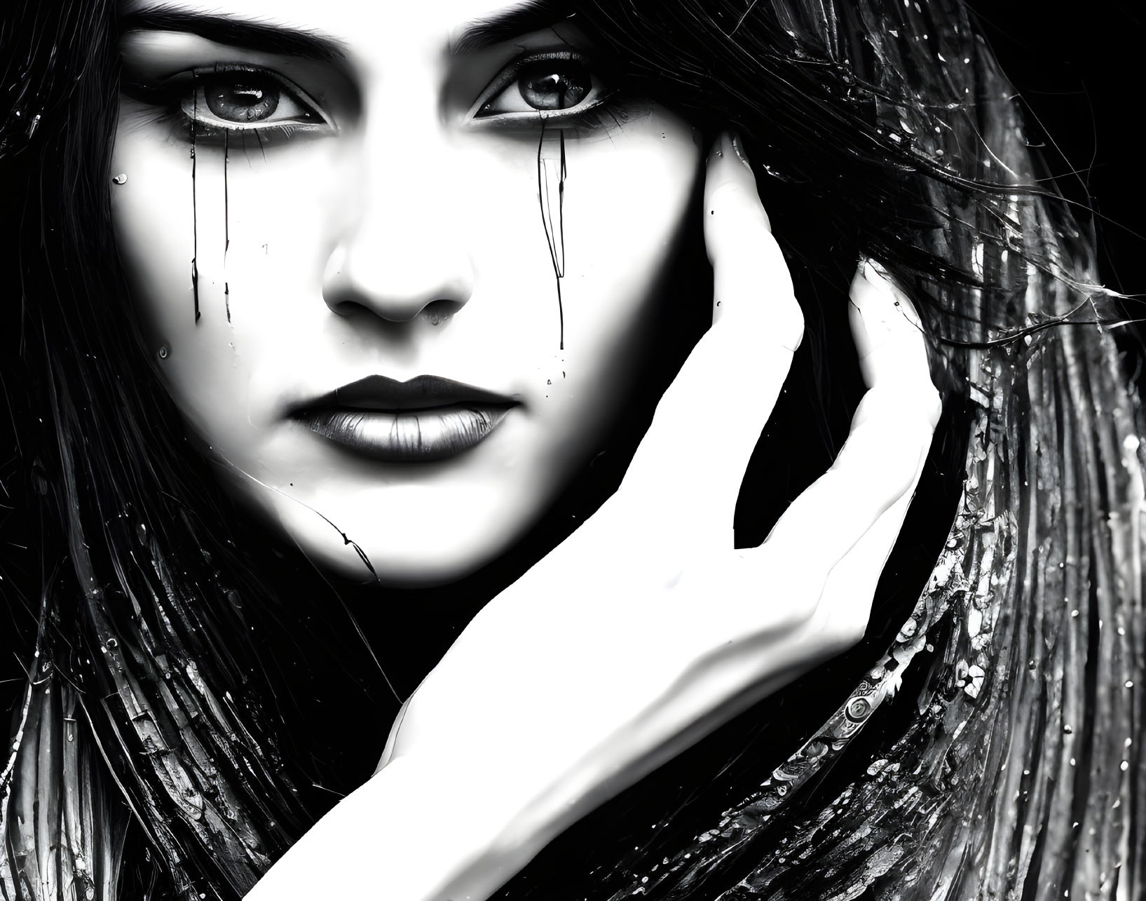 Monochrome digital art of woman with captivating eyes and dark hair
