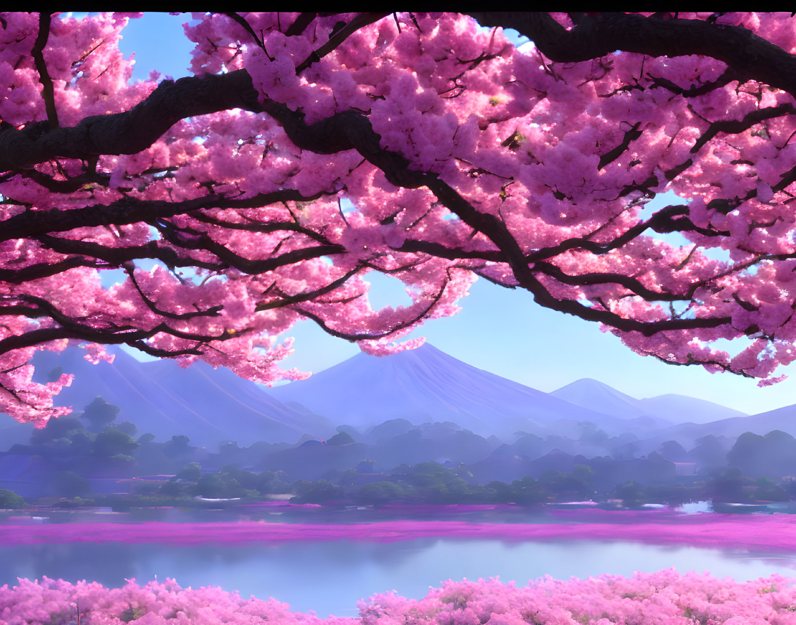 Scenic landscape: cherry blossoms, lake, mountains, clear sky