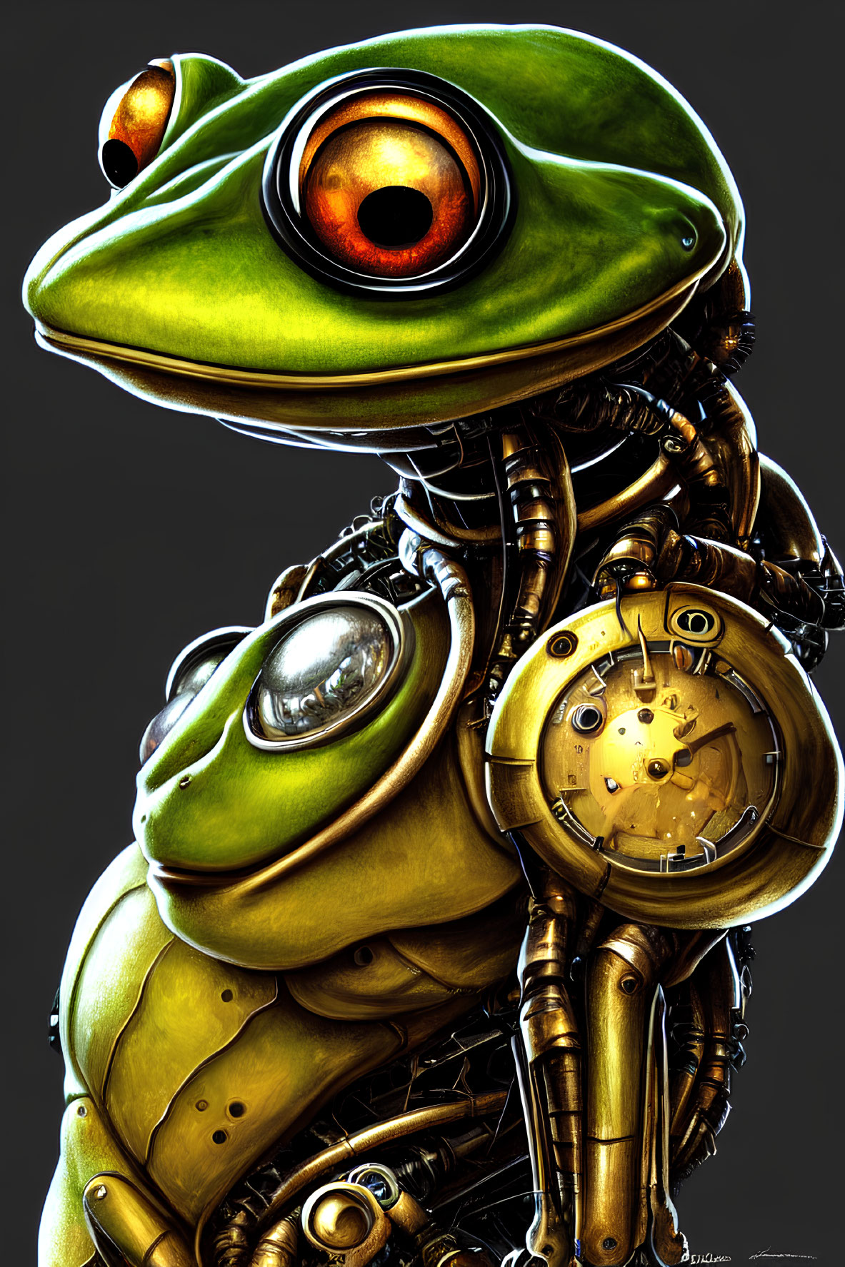Detailed Mechanical Frog with Golden Chest and Red Eyes
