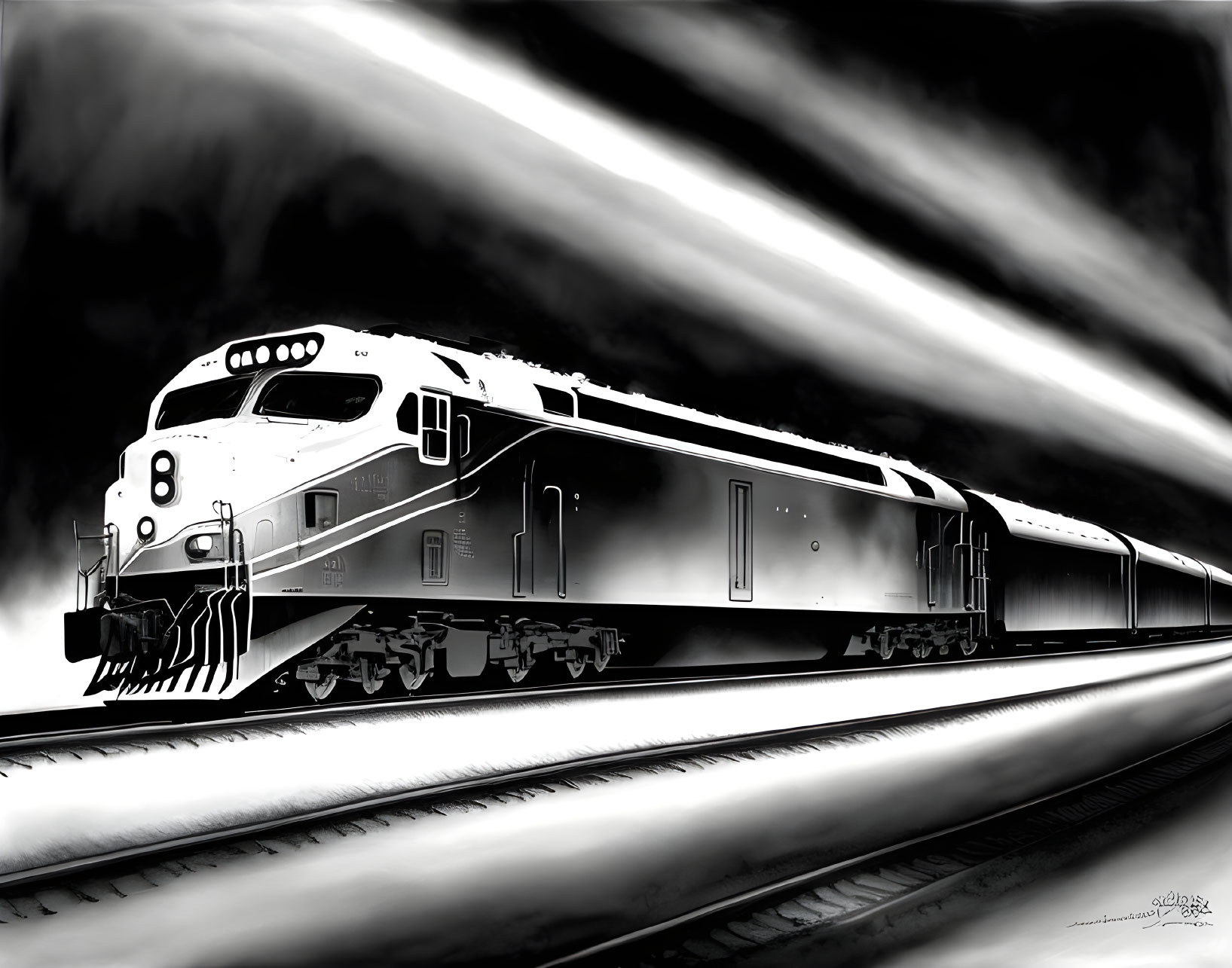 Vintage locomotive on tracks with dynamic light streaks in black and white.