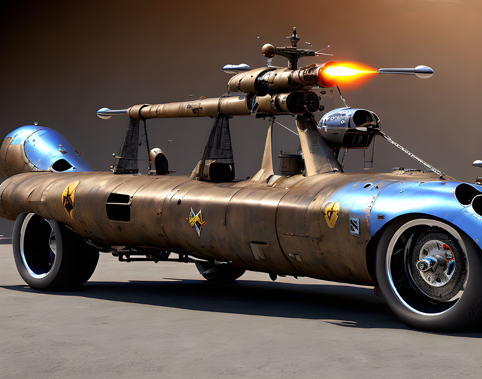 Fantastical submarine car hybrid with periscopes and flames in desert setting