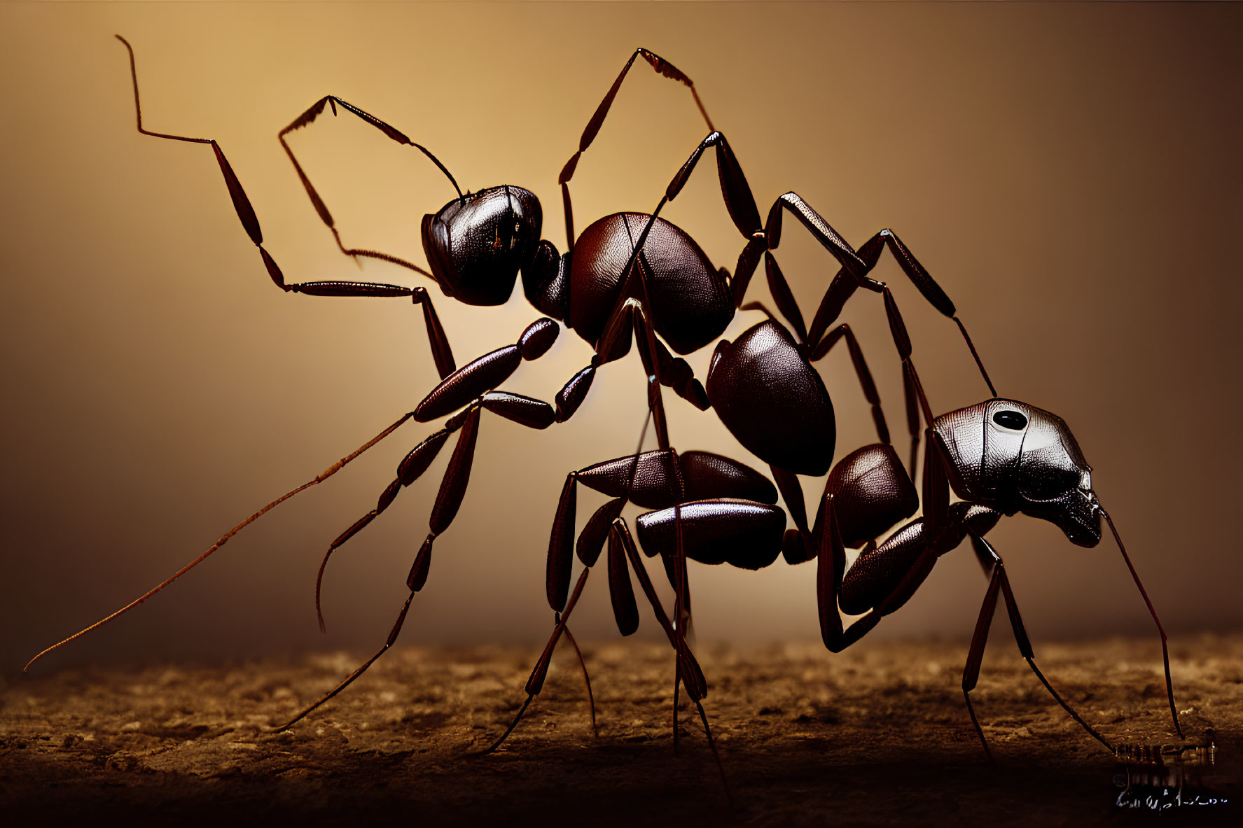 Highly detailed ants with intricate body features on warm background