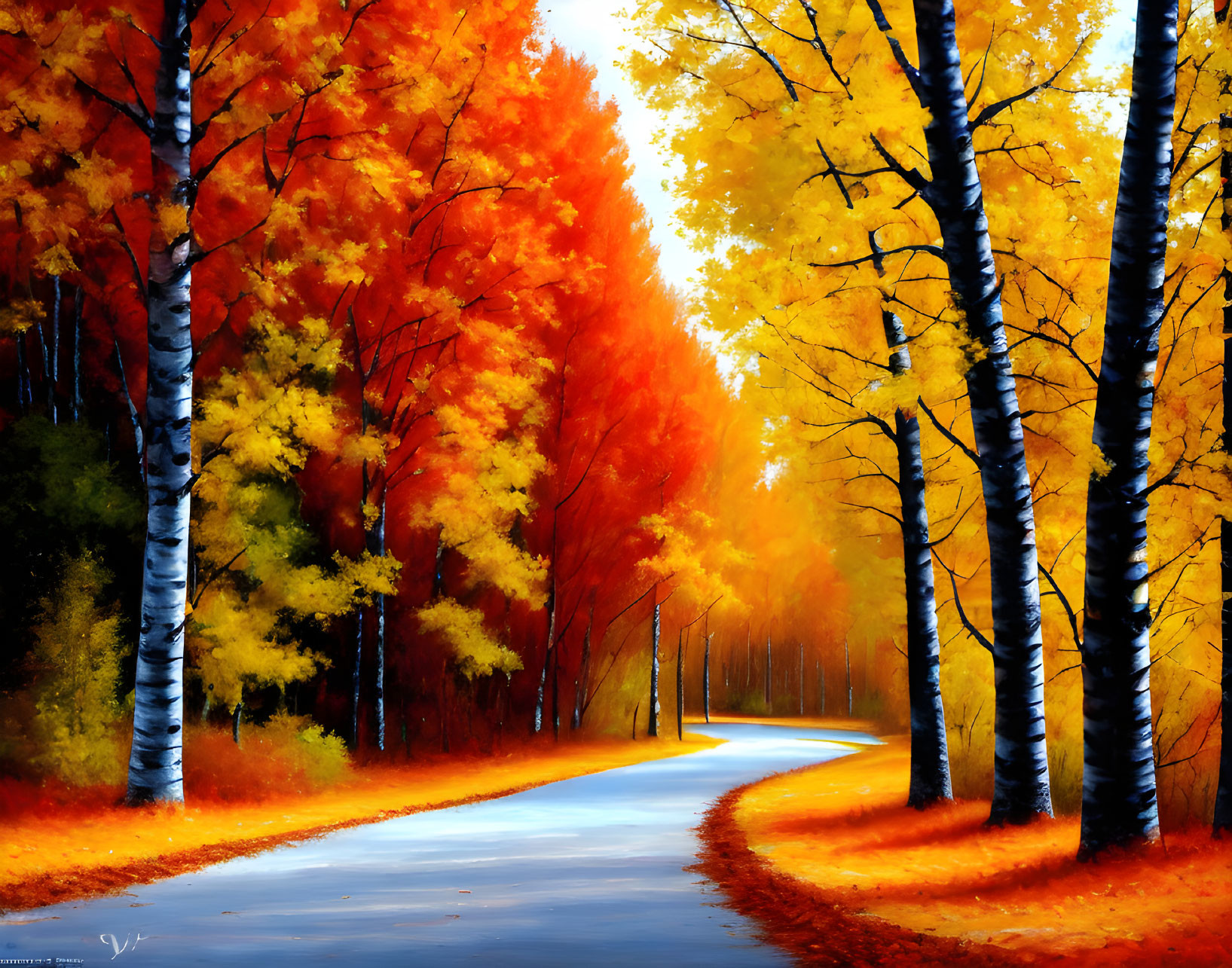 Scenic autumn forest with vibrant foliage and winding road