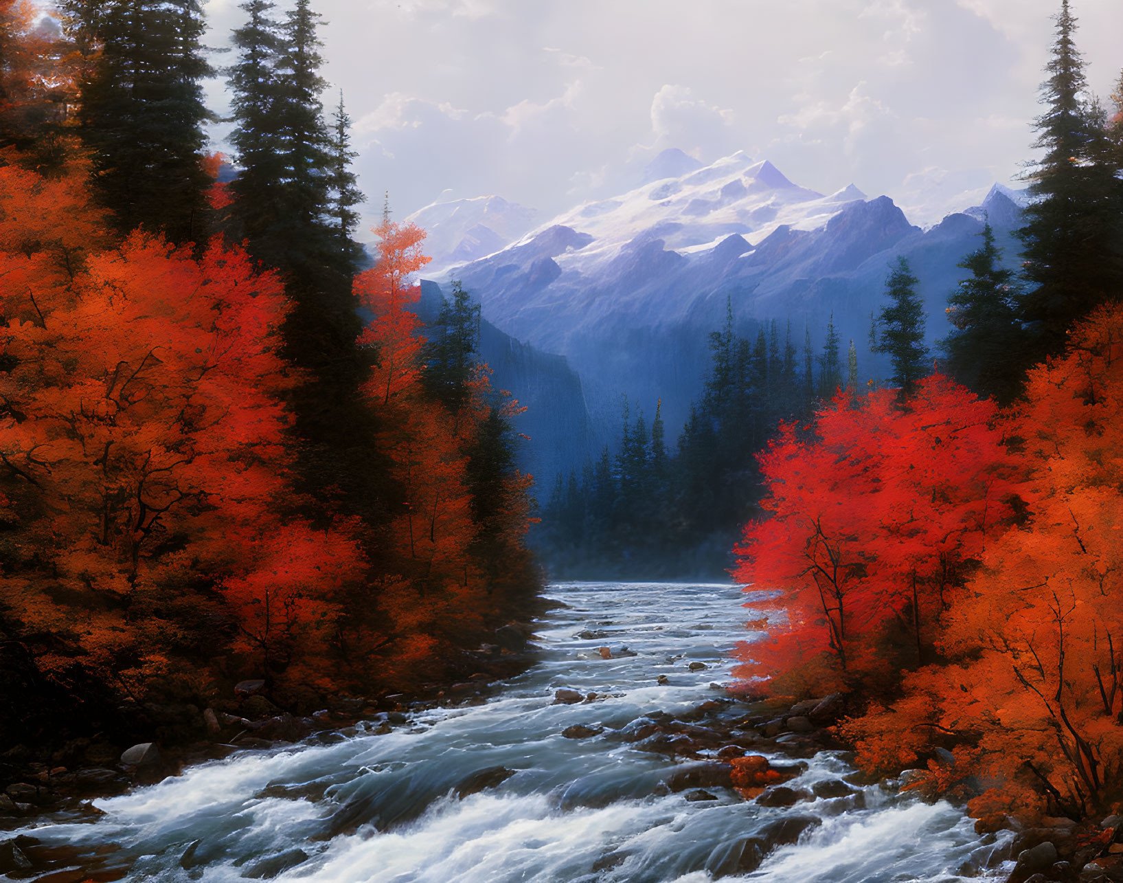 Vibrant autumn landscape with red trees, rocky river, and snowy mountains