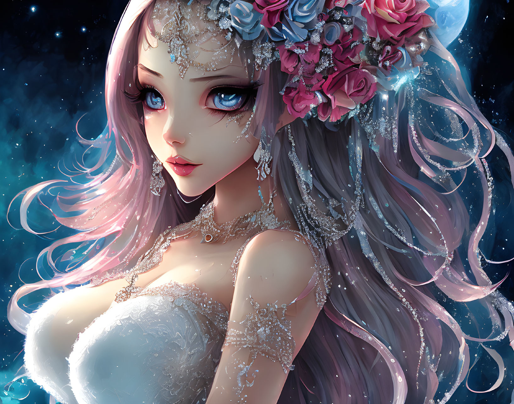 Fantasy girl illustration with large eyes, flower crown, jewelry, and starry night background