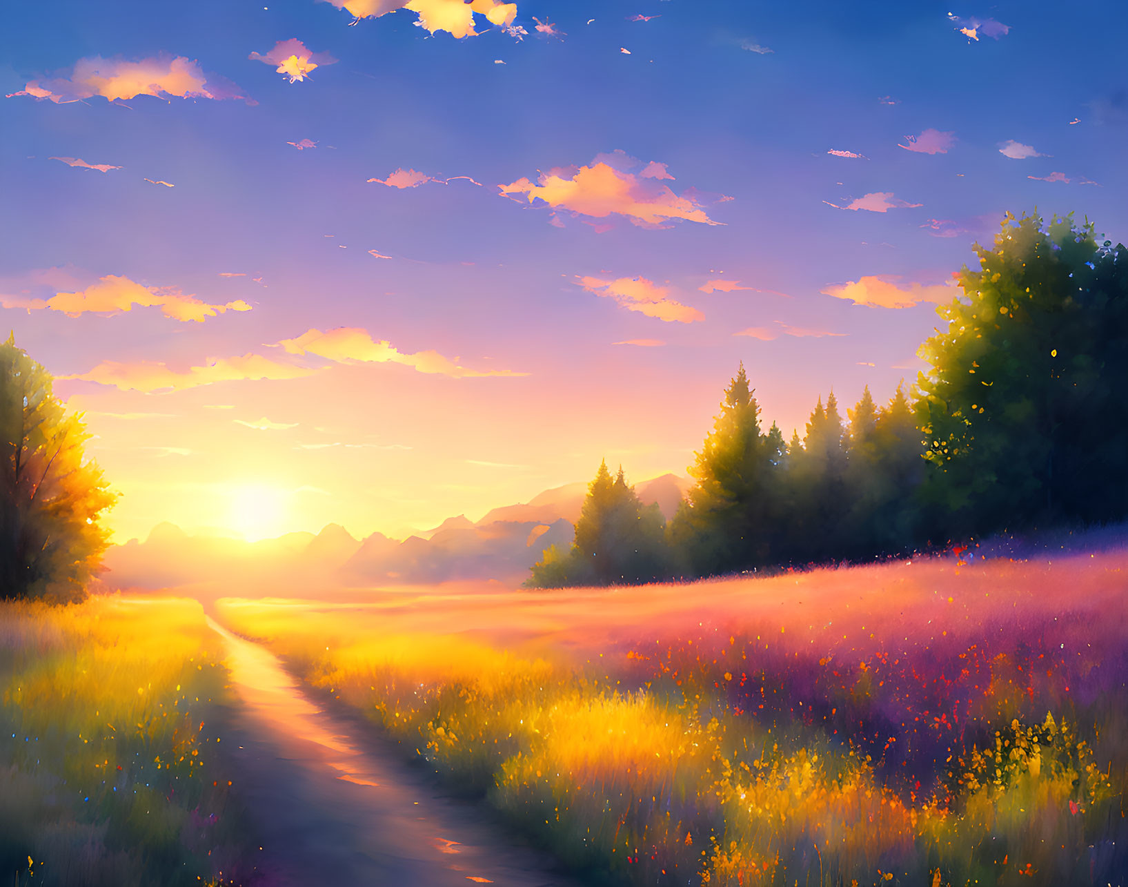 Scenic sunset over blooming meadow and mountains