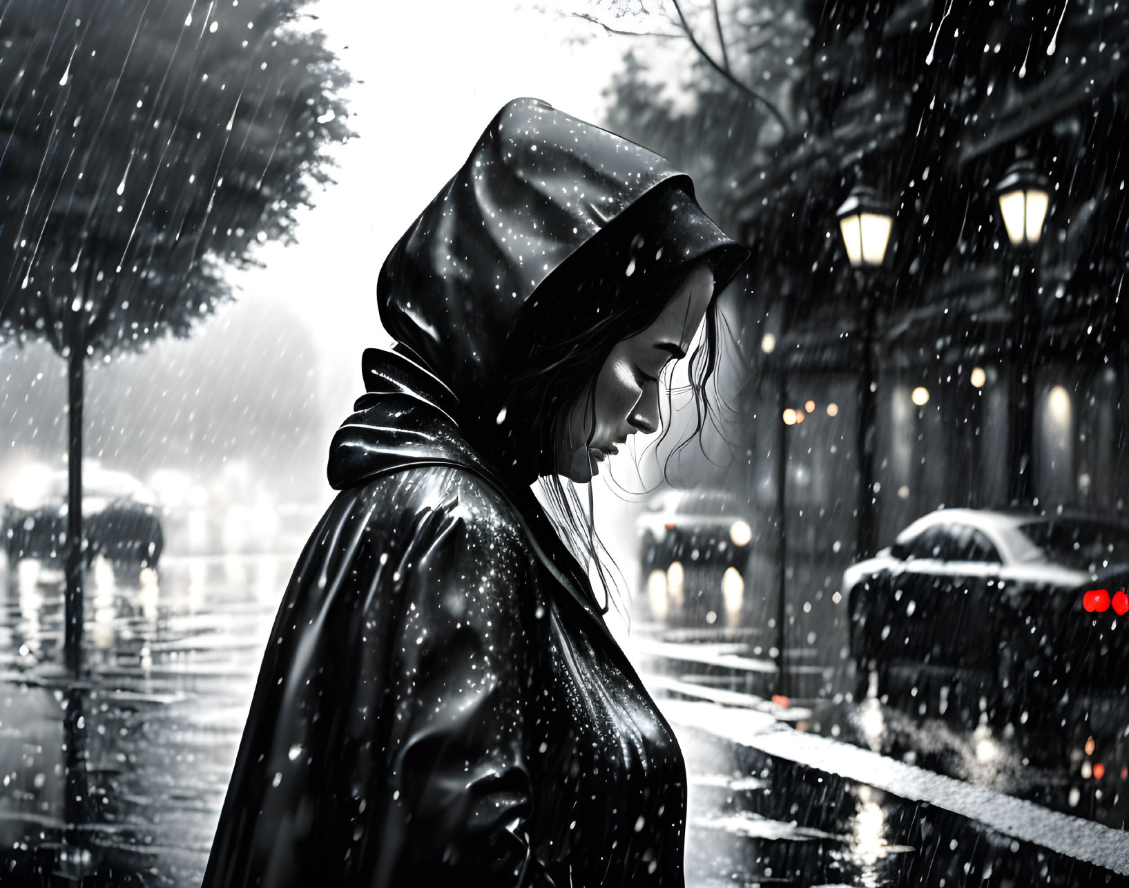 Woman in hooded coat standing in rain at night with city lights and cars