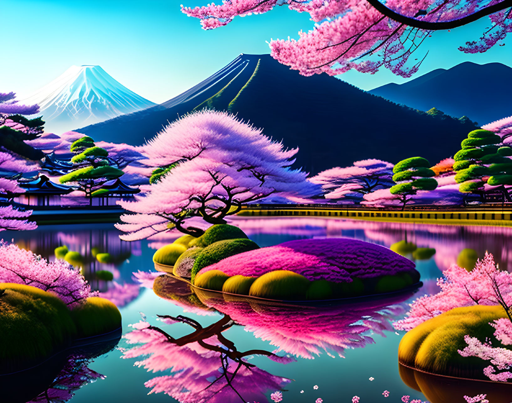 Tranquil pond with cherry blossoms, Mount Fuji, clear sky