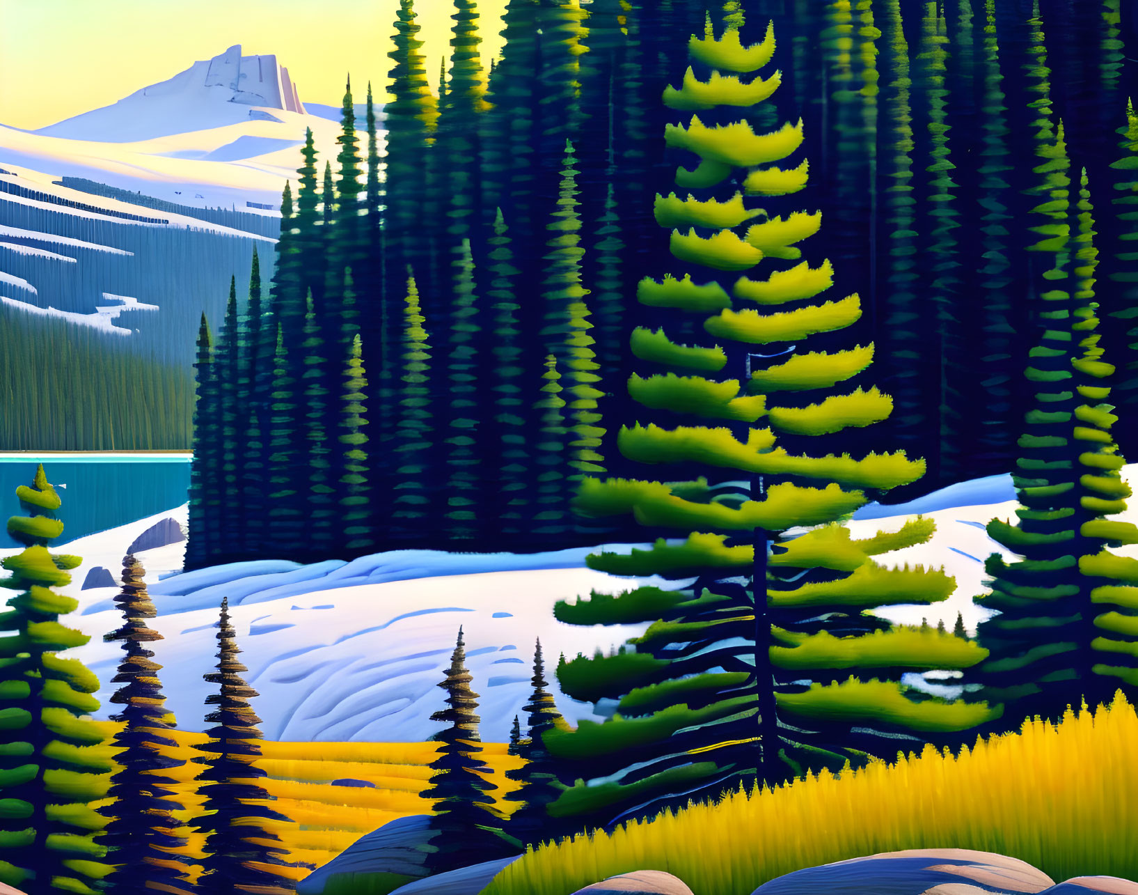 Colorful Pine Forest Digital Artwork with Snowy Mountains