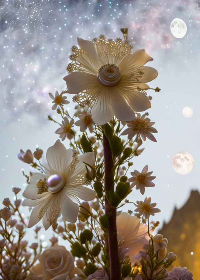 Night Sky with White Flowers and Stars Over Mountains