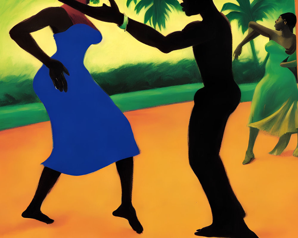 Abstract painting with stylized figures in blue and black dresses dancing amid green palms and orange ground