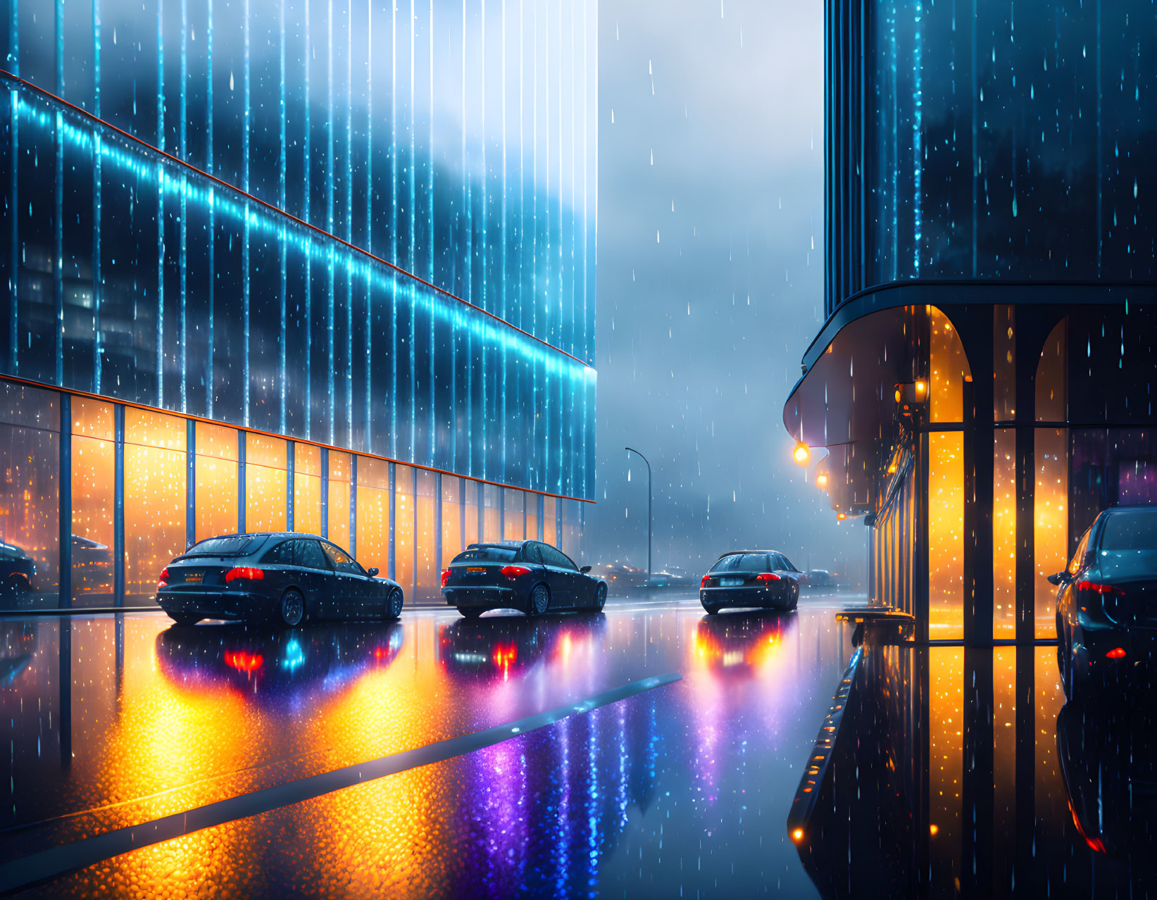 City street at night: cars on wet road with neon reflections